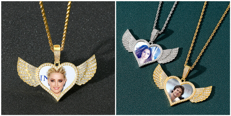 mens photo jewelry custom picture necklace personalized crystal photo necklaces with wings